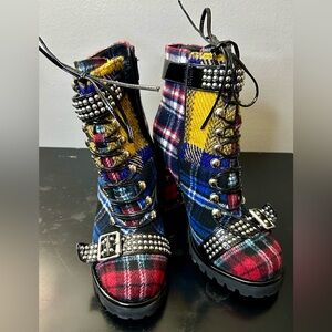 Jeffery Campbell Lilith-2 Plaid Studded Lace Up Block Heel Boots Multicolor 8.5